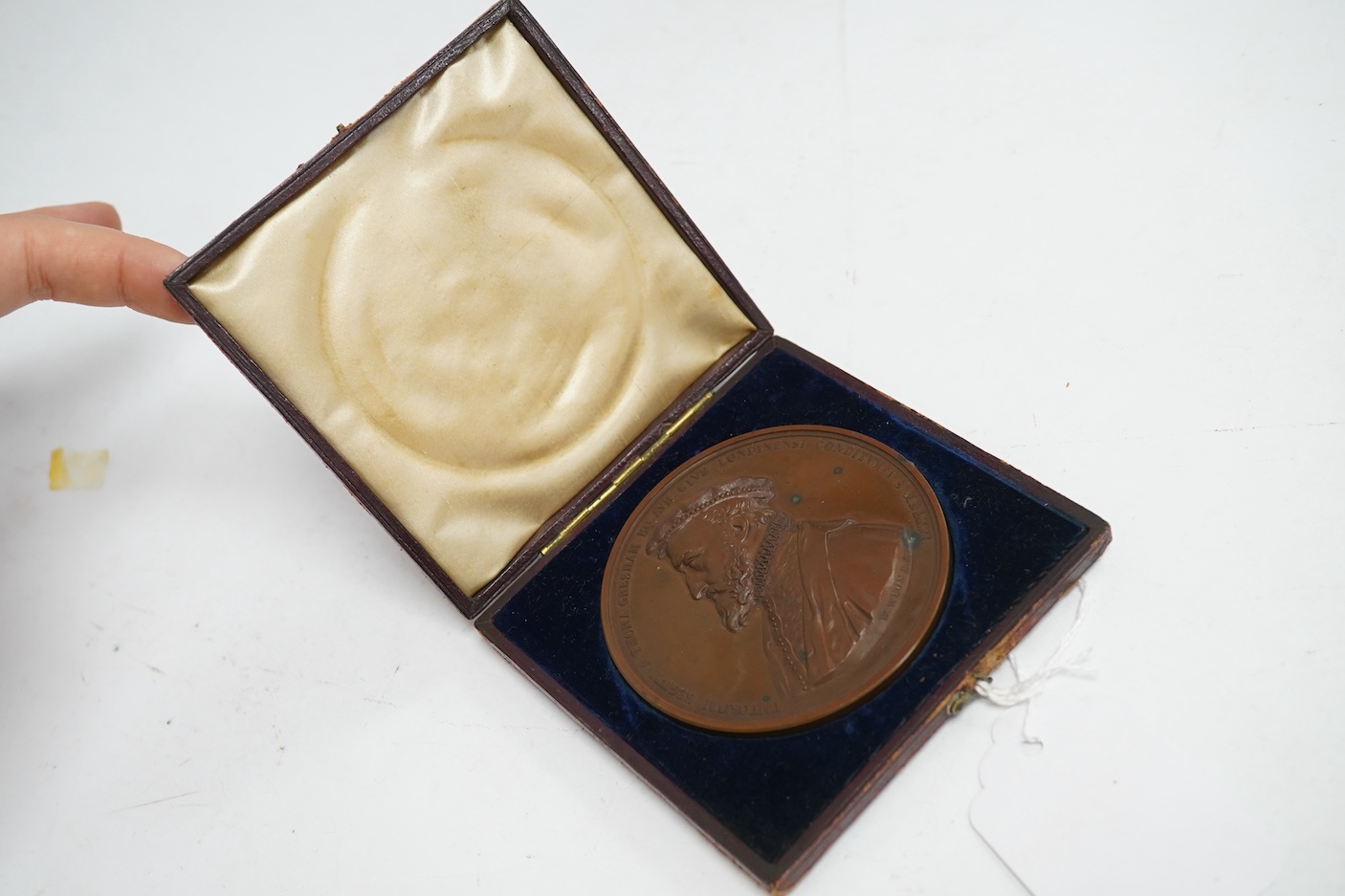 Victoria medals, Opening of the New Royal Exchange, 1844, a copper medal by W. Wyon, bust of Thomas Gresham left, rev. statue of Victoria in front of elevation of the Exchange, 73mm, BHM 2185, spotting otherwise EF, in f